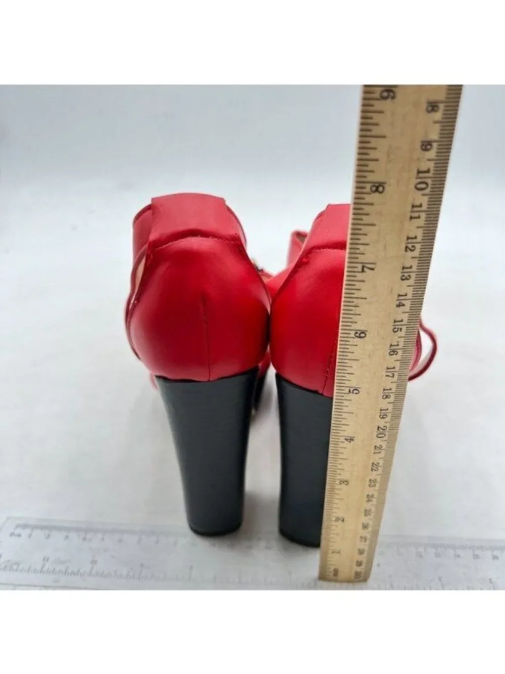 FSJ Women Peep Open Toe T-Strap Front Zipper Chunky Stacked High Heel Red Sandal